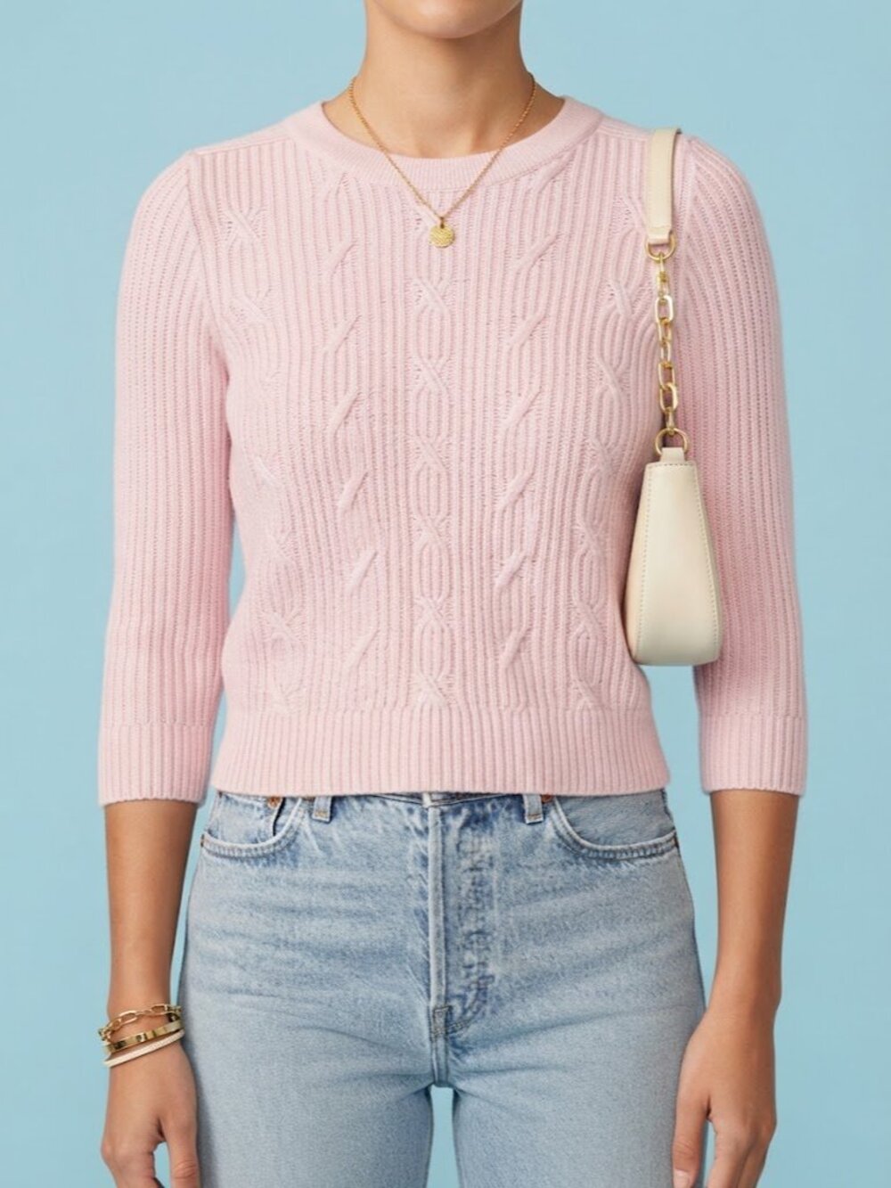 Pink Cable Crewneck Sweater